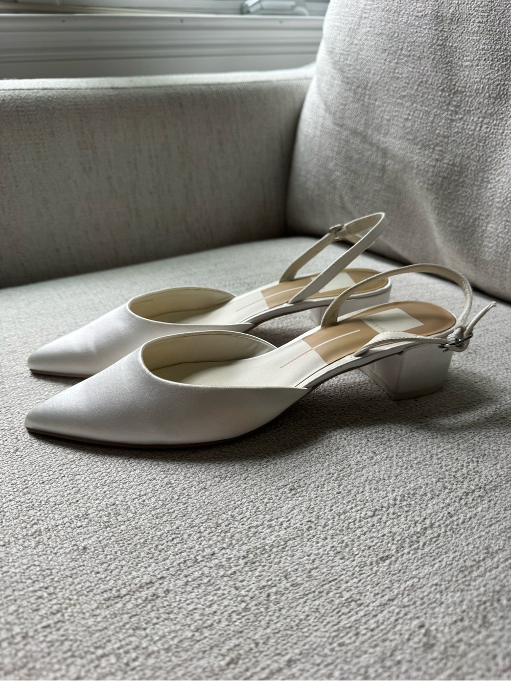 Dolce Vita White Satin Slingback Block Heel Pumps